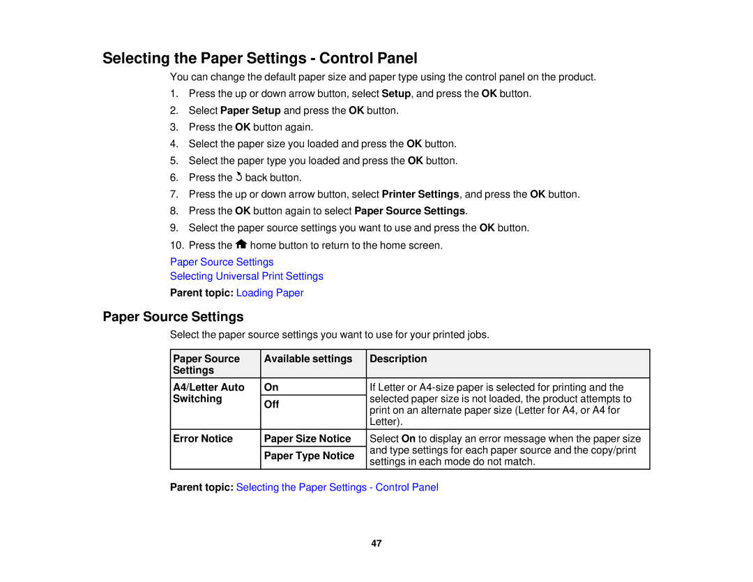 Epson WF-2630 manual Selecting the Paper Settings Control Panel, Paper Source Settings 