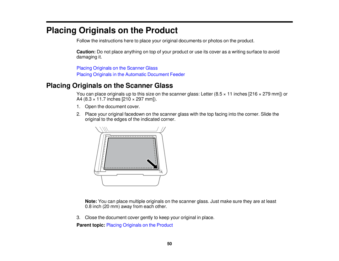 Epson WF-2630 manual Placing Originals on the Product, Placing Originals on the Scanner Glass 