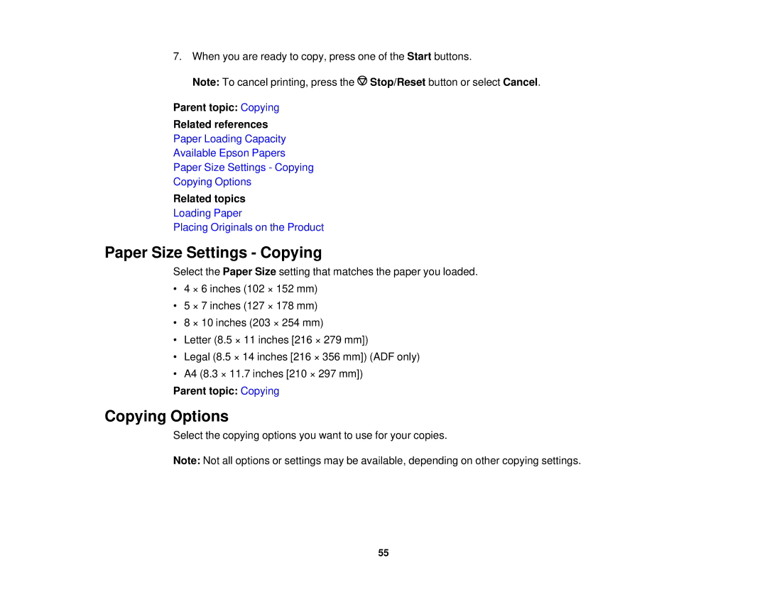 Epson WF-2630 manual Paper Size Settings Copying, Copying Options, Parent topic Copying Related references 