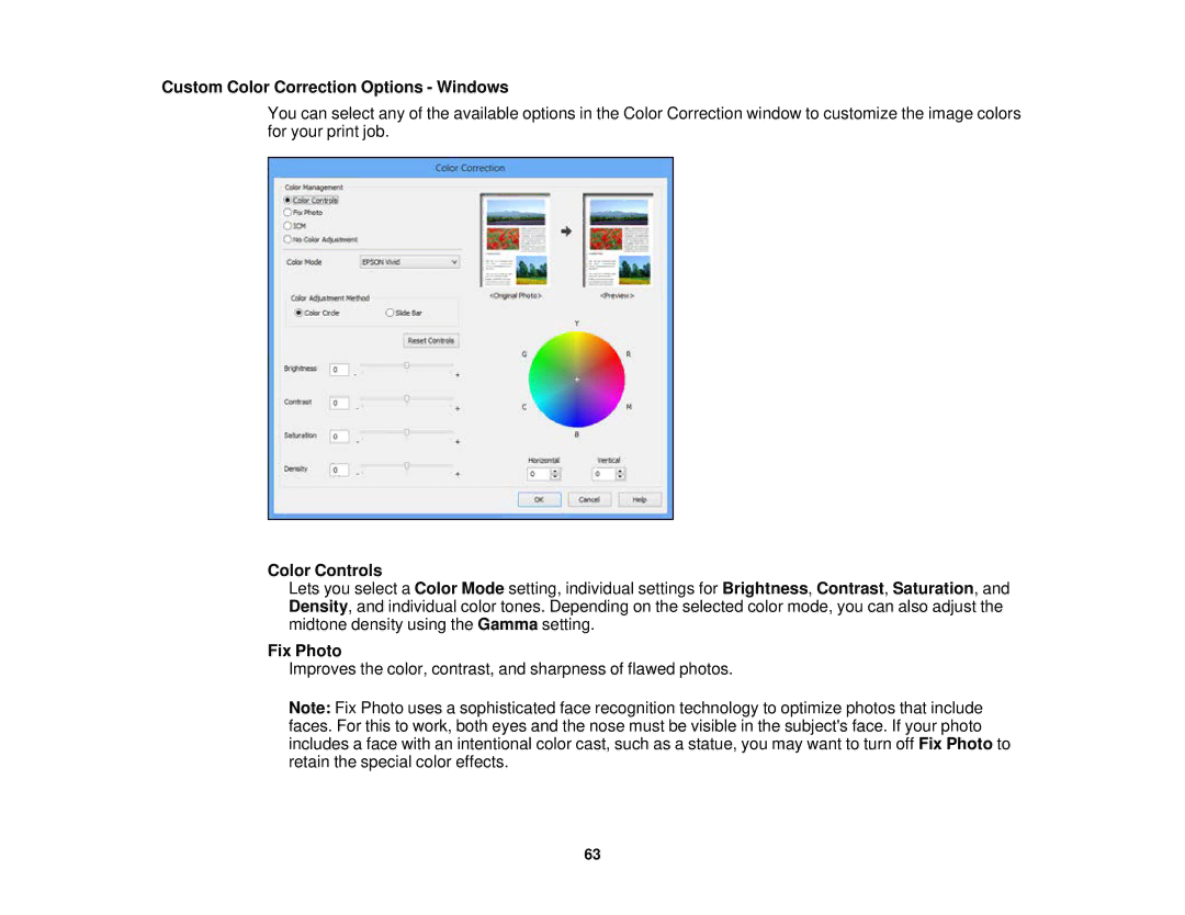 Epson WF-2630 manual Custom Color Correction Options Windows, Color Controls, Fix Photo 