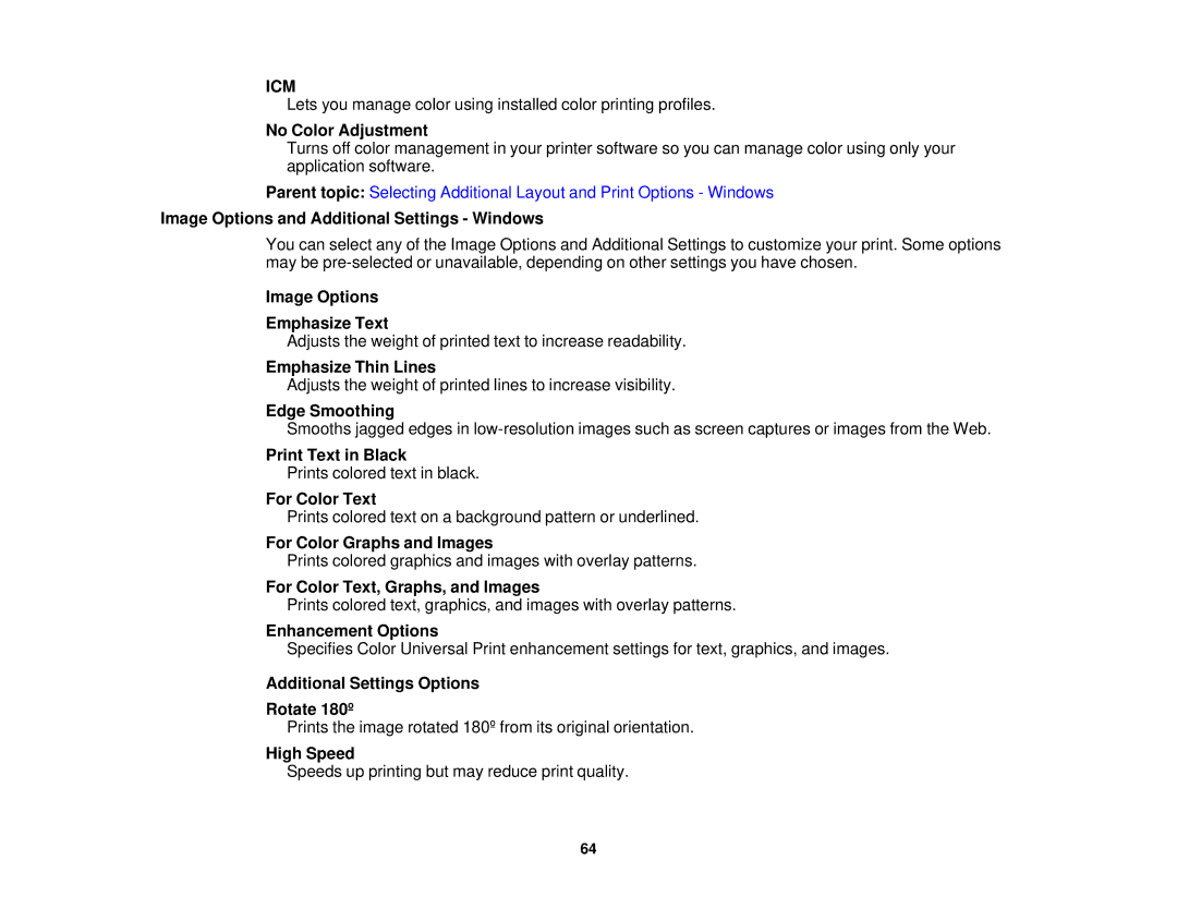 Epson WF-2630 No Color Adjustment, Image Options and Additional Settings Windows, Image Options Emphasize Text, High Speed 