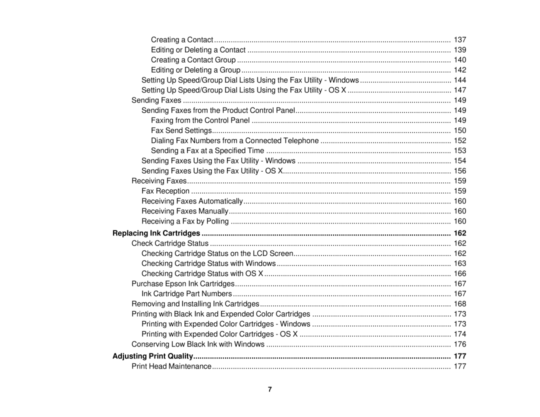 Epson WF-2630 manual Replacing Ink Cartridges 162, Adjusting Print Quality 177 