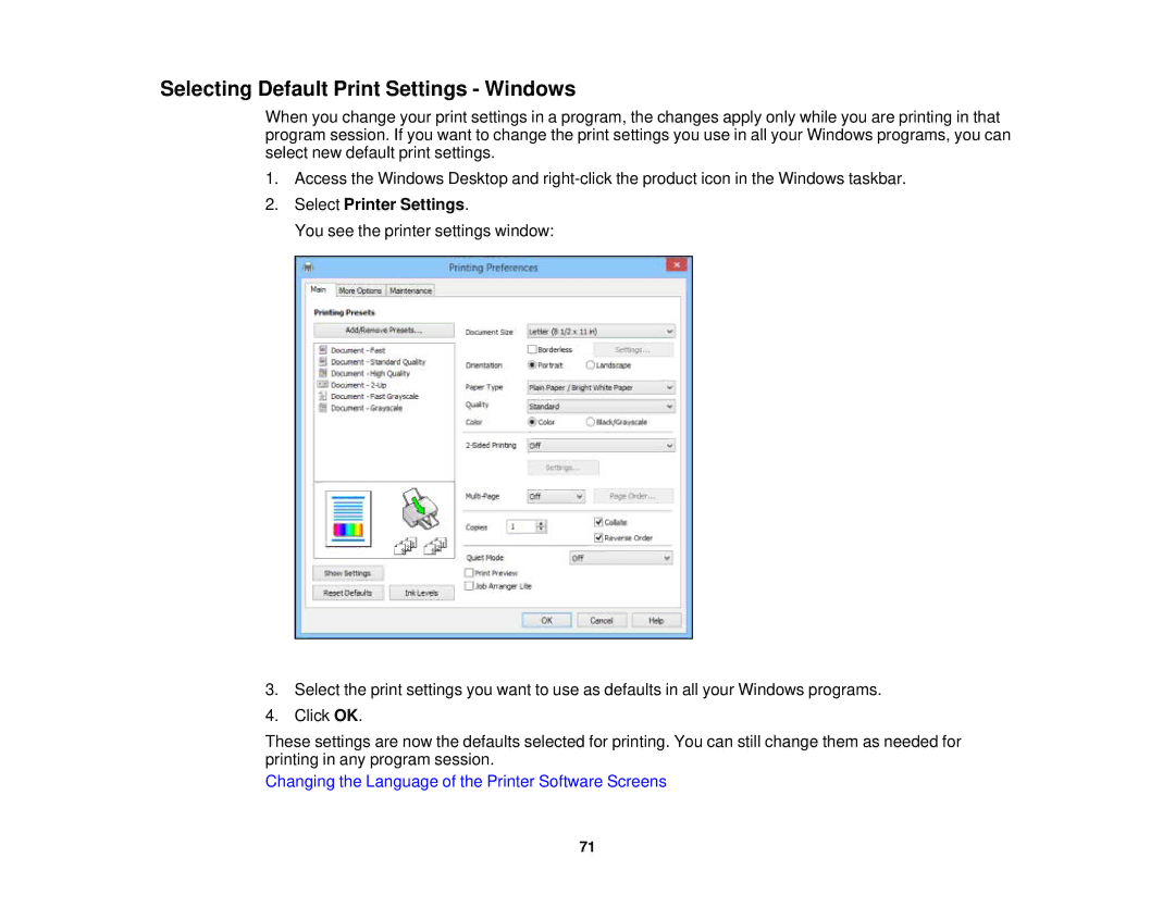 Epson WF-2630 manual Selecting Default Print Settings Windows, Select Printer Settings 