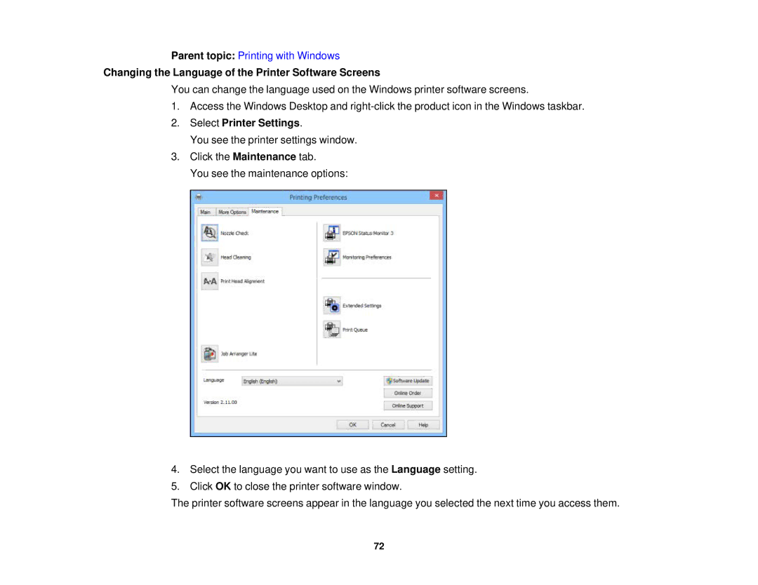 Epson WF-2630 manual Changing the Language of the Printer Software Screens 