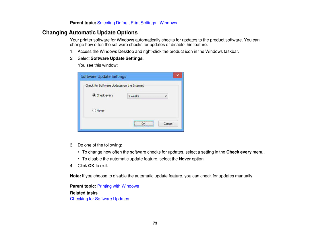 Epson WF-2630 manual Changing Automatic Update Options, Related tasks 