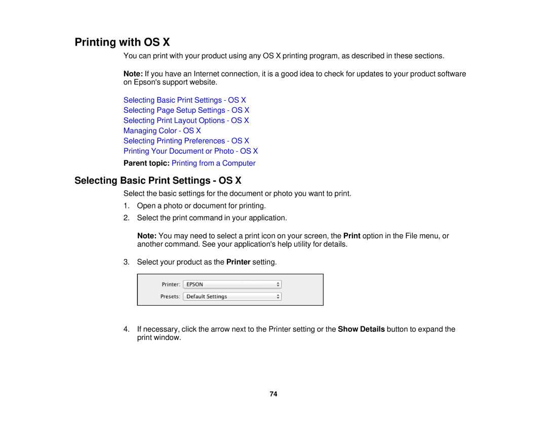 Epson WF-2630 manual Printing with OS, Selecting Basic Print Settings OS 