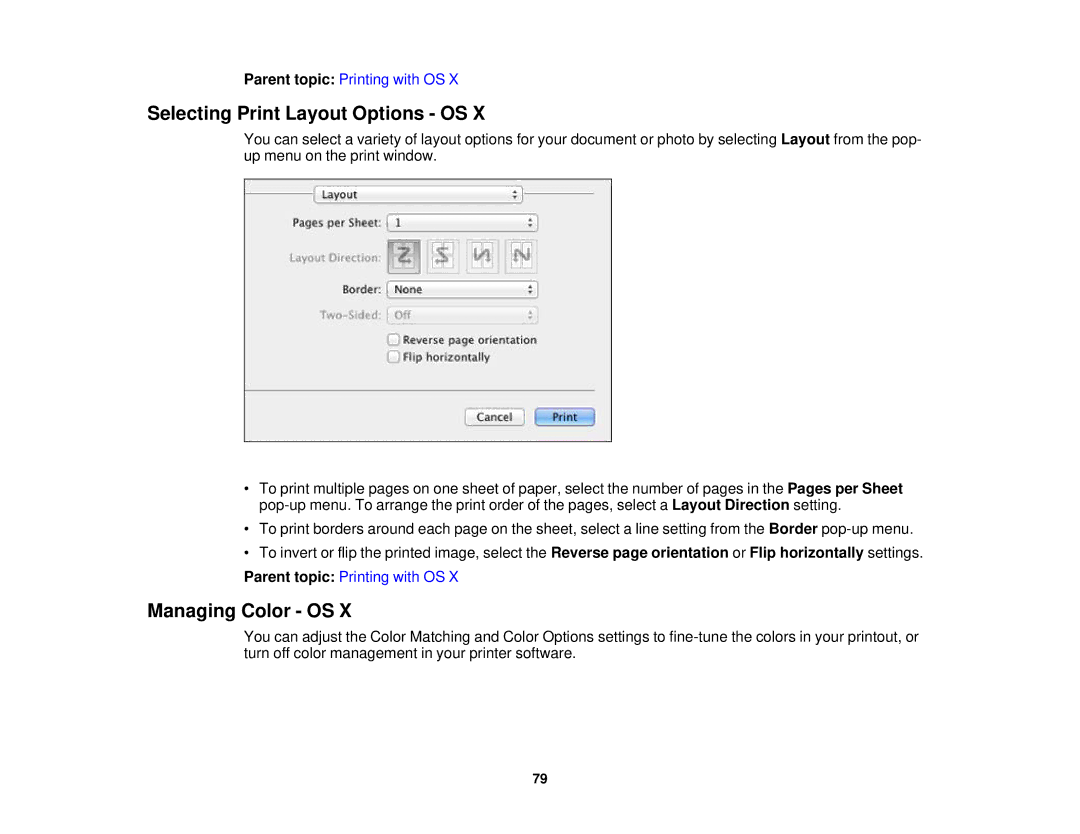 Epson WF-2630 manual Selecting Print Layout Options OS, Managing Color OS 