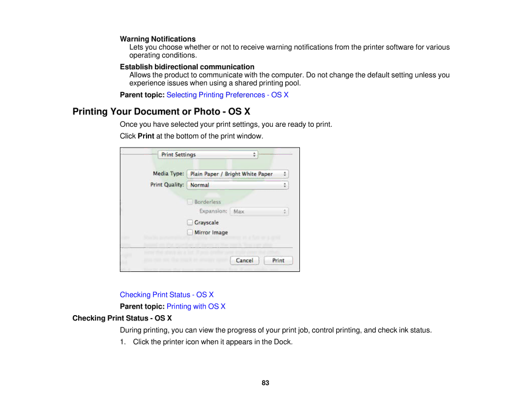 Epson WF-2630 manual Printing Your Document or Photo OS, Establish bidirectional communication, Checking Print Status OS 