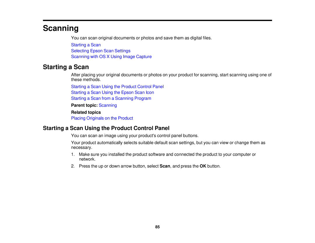 Epson WF-2630 manual Starting a Scan Using the Product Control Panel, Parent topic Scanning Related topics 