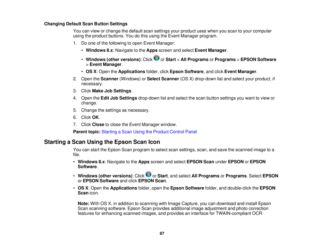 Epson WF-2630 Starting a Scan Using the Epson Scan Icon, Changing Default Scan Button Settings, Click Make Job Settings 