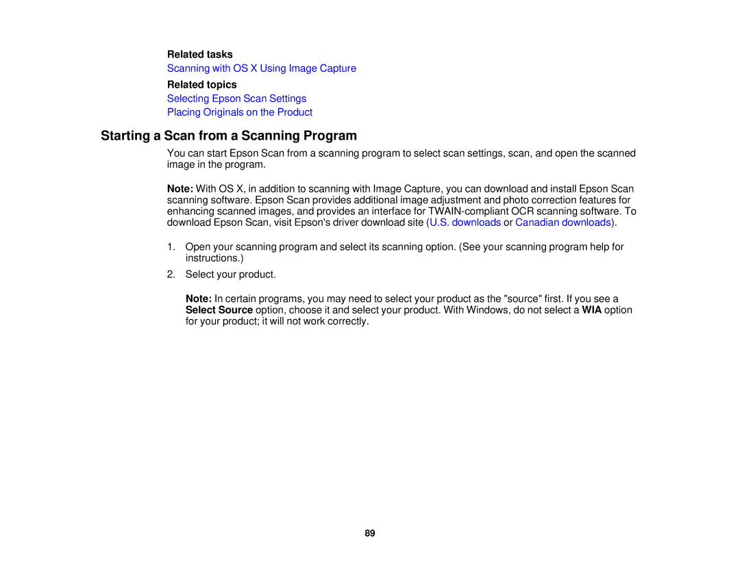 Epson WF-2630 manual Starting a Scan from a Scanning Program, Related tasks 