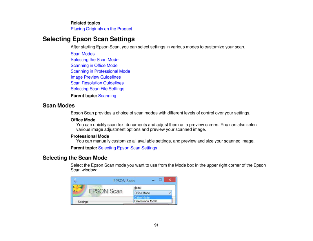 Epson WF-2630 manual Selecting Epson Scan Settings, Scan Modes, Selecting the Scan Mode 