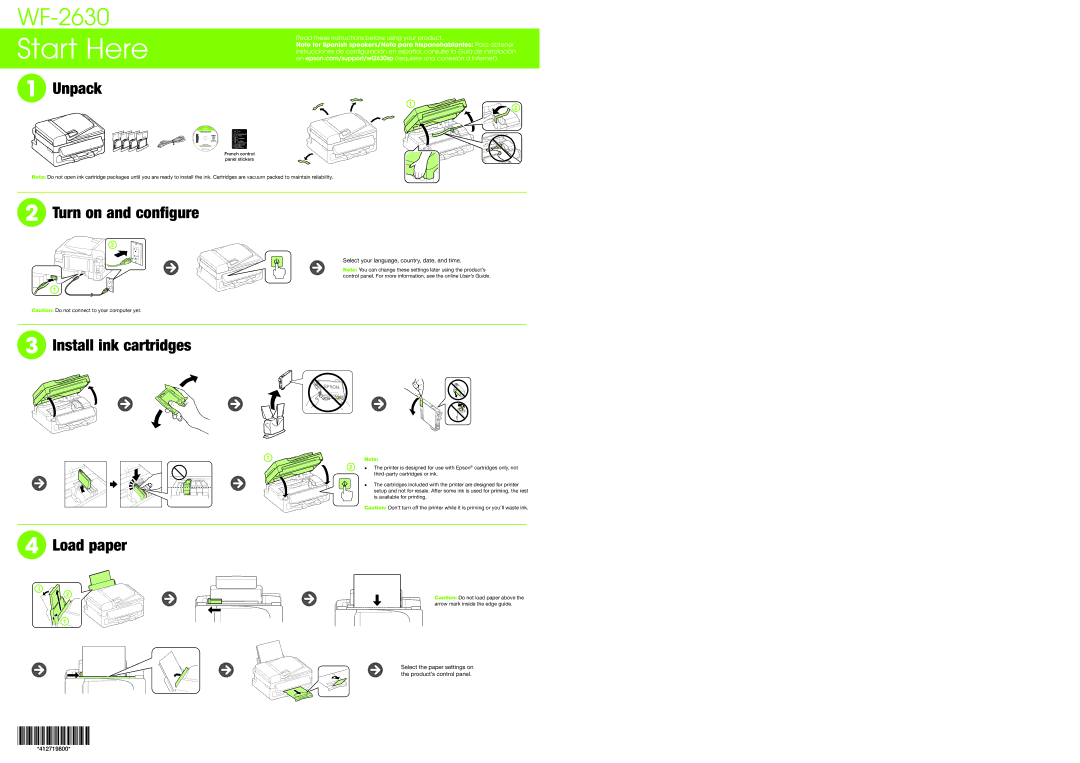 Epson WF-2630 manual Unpack, Turn on and configure, Install ink cartridges, Load paper 