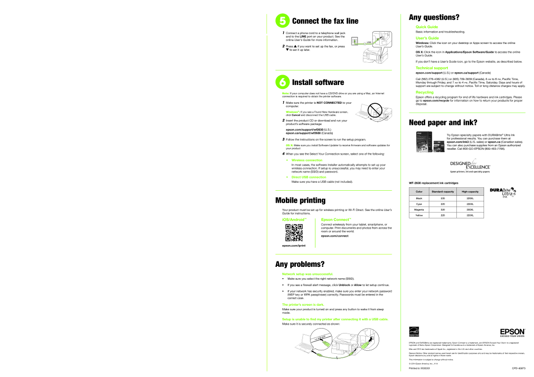 Epson WF-2630 Connect the fax line, Install software, Mobile printing, Any problems?, Any questions?, Need paper and ink? 