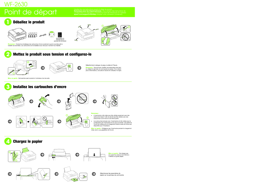 Epson WF-2630 manual Déballez le produit, Mettez le produit sous tension et configurez-le, Installez les cartouches d’encre 