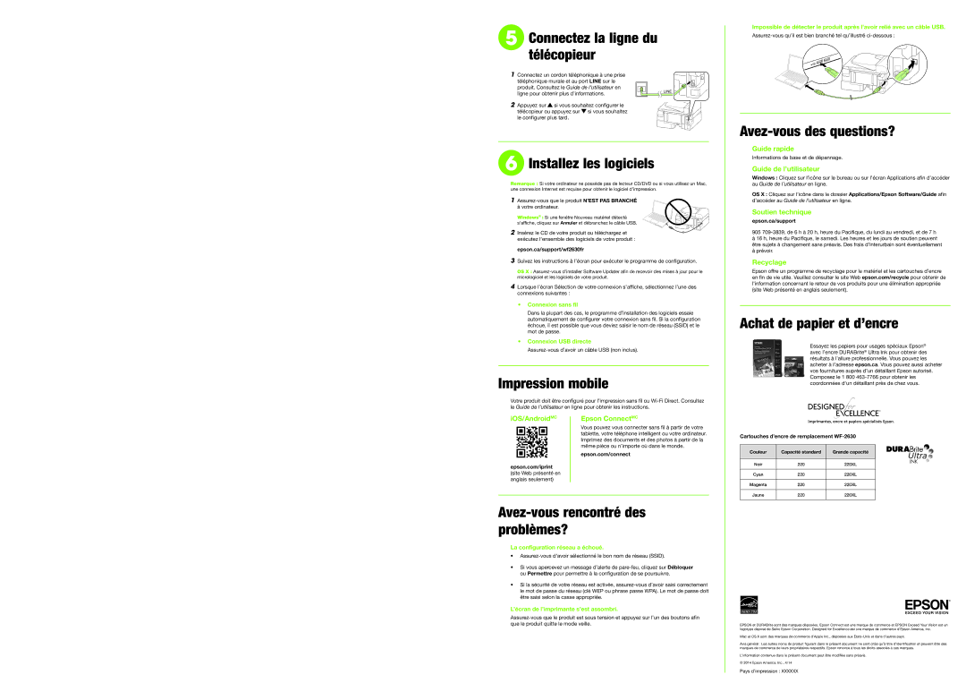 Epson WF-2630 Connectez la ligne du télécopieur, Installez les logiciels, Impression mobile, Avez-vous des questions? 