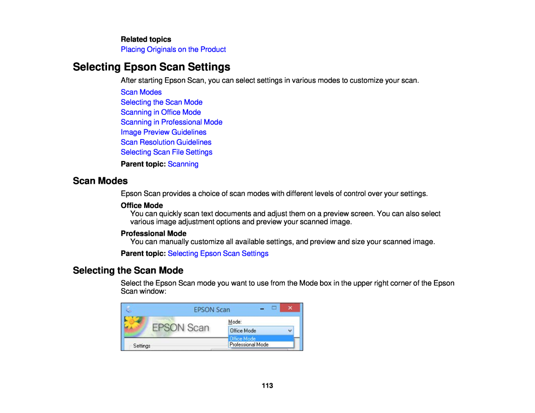 Epson WF-2650 manual Selecting Epson Scan Settings, Scan Modes Selecting the Scan Mode, Scanning in Office Mode 