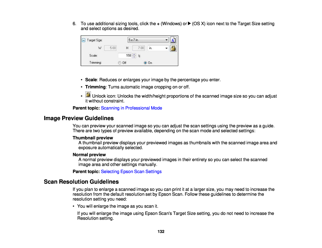 Epson WF-2650 manual Image Preview Guidelines, Scan Resolution Guidelines, Thumbnail preview, Normal preview 