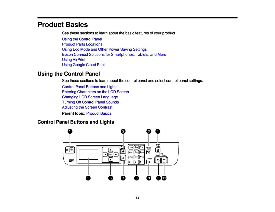 Epson WF-2650 Product Basics, Using the Control Panel, Control Panel Buttons and Lights, Changing LCD Screen Language 