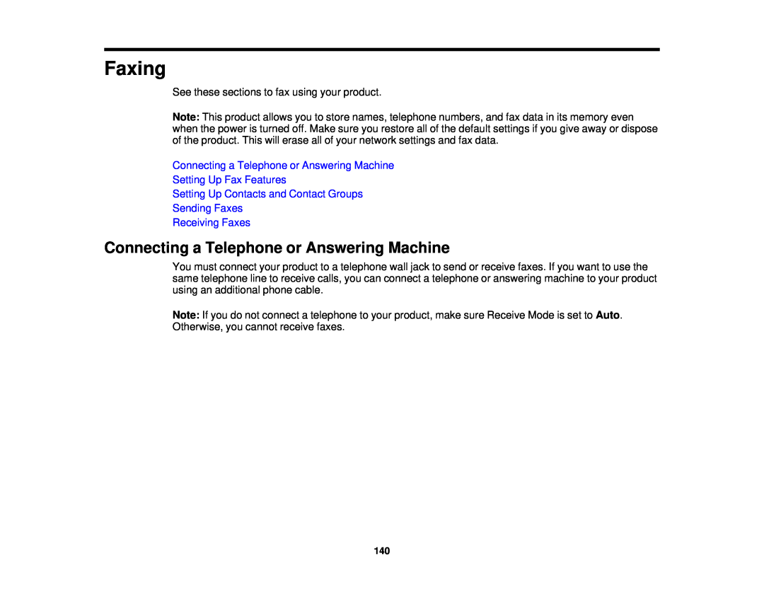 Epson WF-2650 Faxing, Connecting a Telephone or Answering Machine, Setting Up Fax Features, Sending Faxes Receiving Faxes 