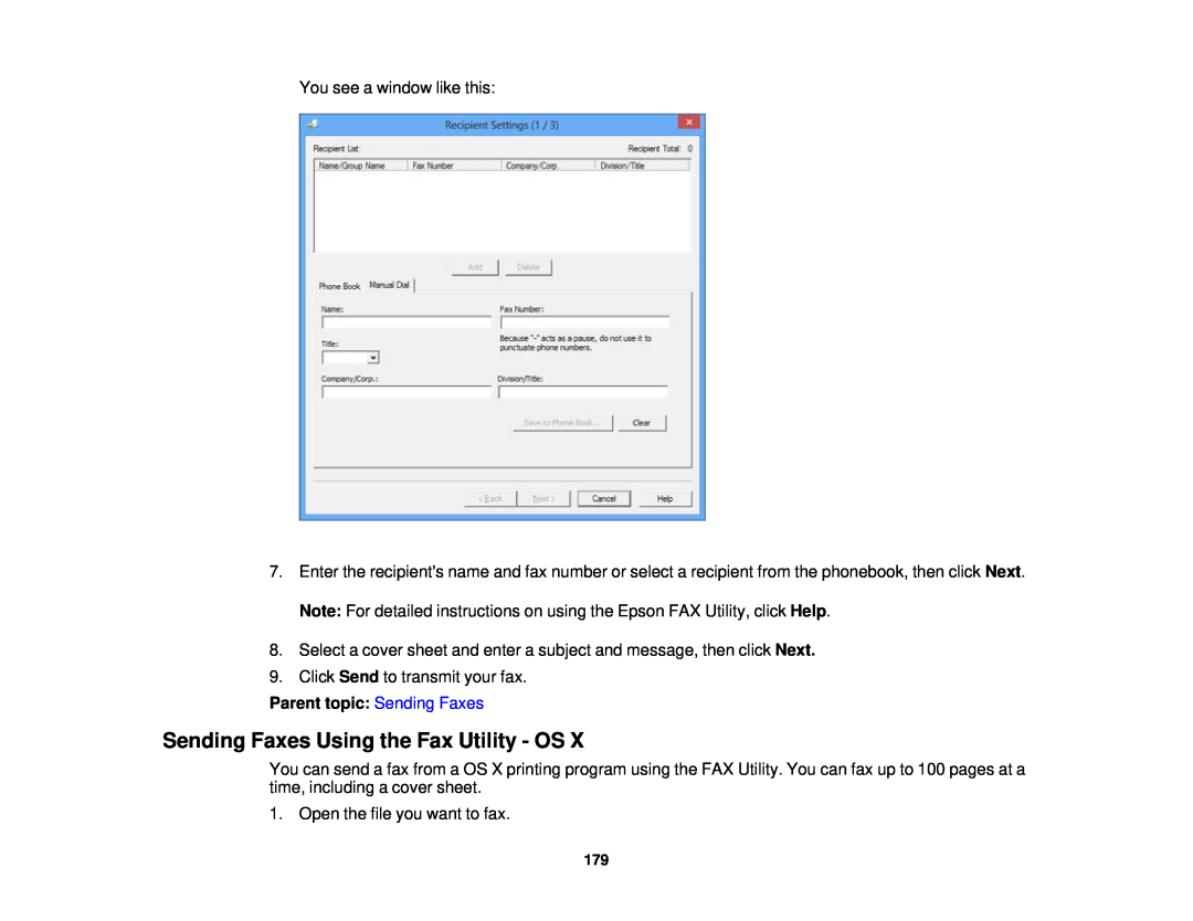 Epson WF-2650 manual Sending Faxes Using the Fax Utility - OS, Parent topic: Sending Faxes 