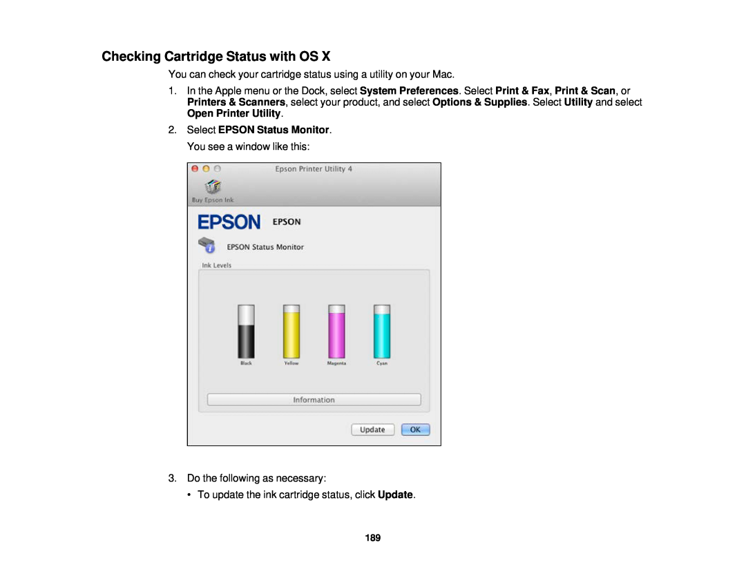 Epson WF-2650 manual Checking Cartridge Status with OS 