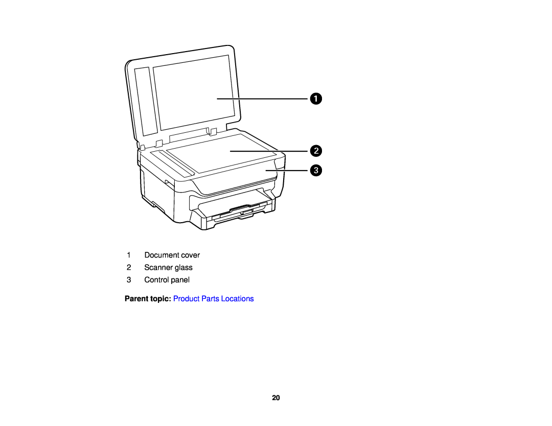 Epson WF-2650 manual Parent topic: Product Parts Locations, 1Document cover 2Scanner glass 3Control panel 