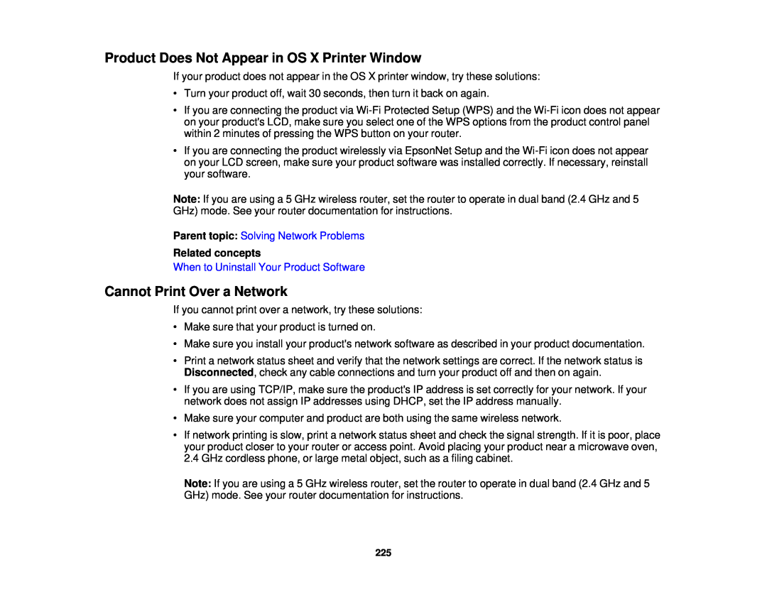 Epson WF-2650 manual Product Does Not Appear in OS X Printer Window, Cannot Print Over a Network, Related concepts 