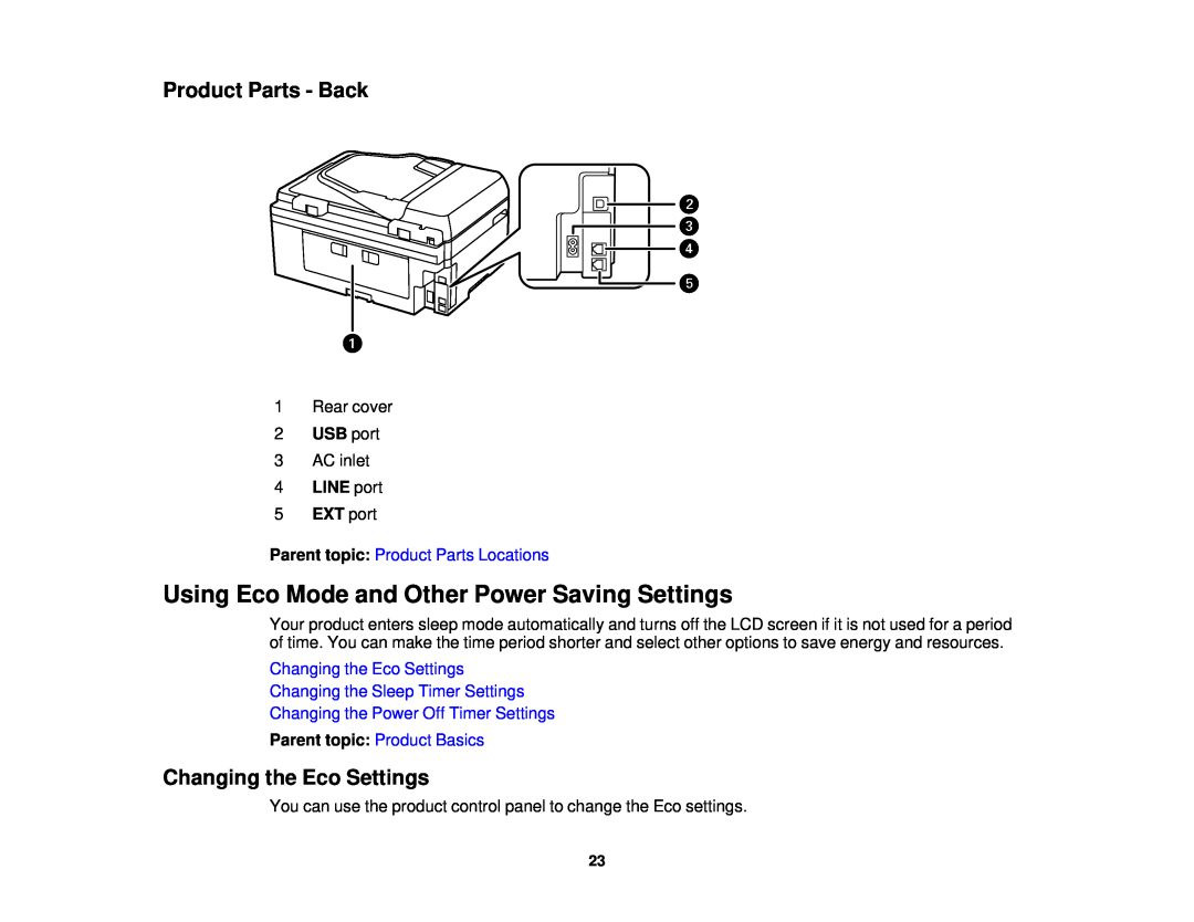 Epson WF-2650 Using Eco Mode and Other Power Saving Settings, Product Parts - Back, Changing the Eco Settings, 2USB port 