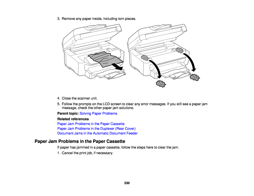 Epson WF-2650 manual Paper Jam Problems in the Paper Cassette, Parent topic: Solving Paper Problems, Related references 