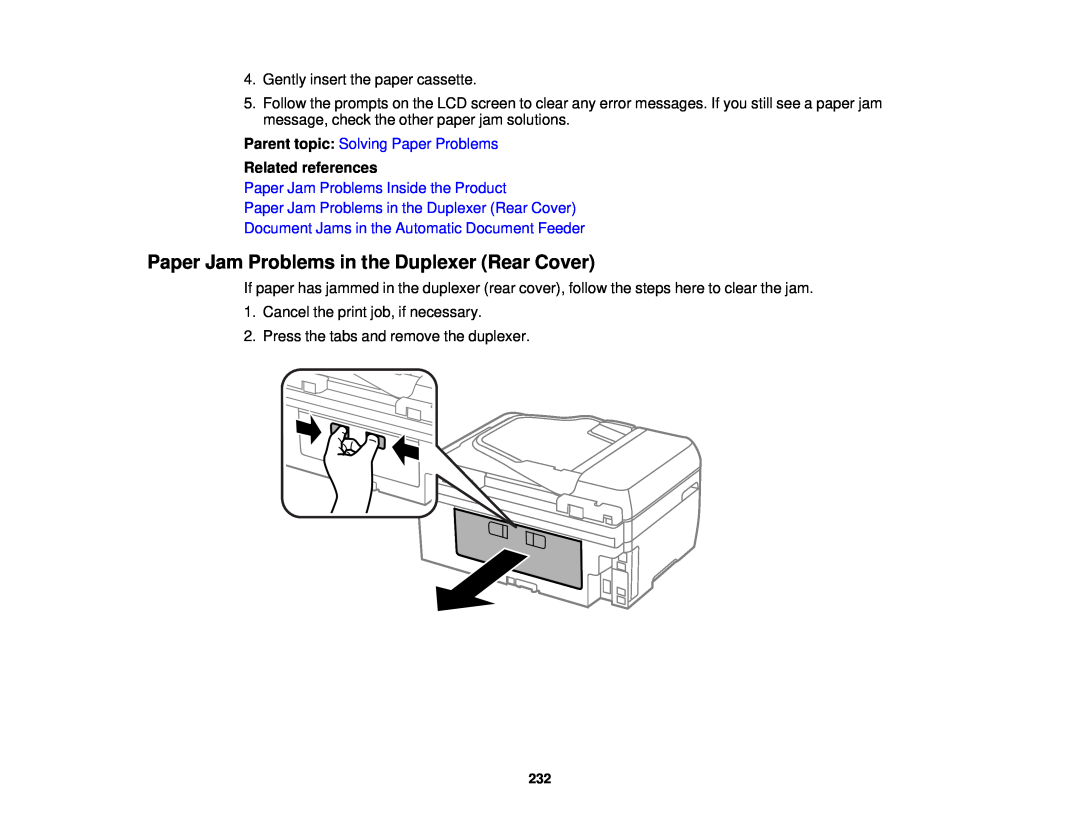 Epson WF-2650 Paper Jam Problems in the Duplexer Rear Cover, Parent topic: Solving Paper Problems, Related references 