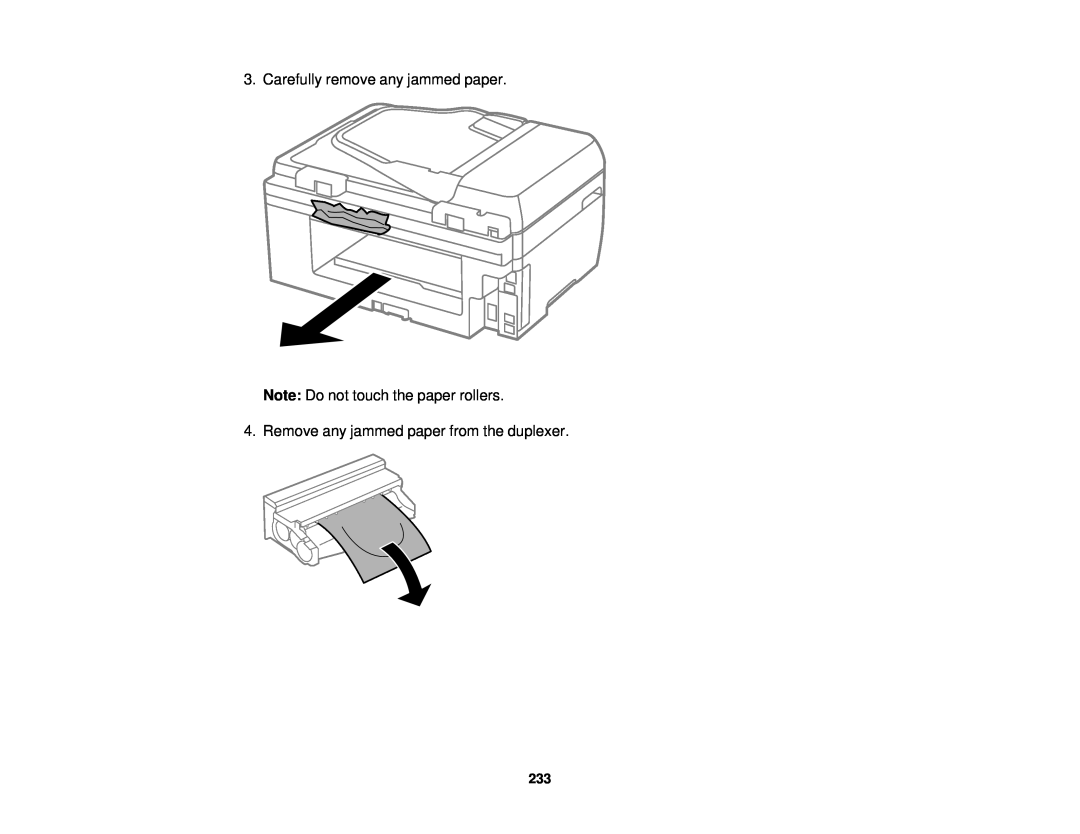 Epson WF-2650 manual Carefully remove any jammed paper, Note: Do not touch the paper rollers 