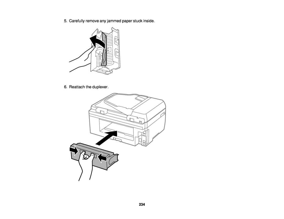 Epson WF-2650 manual Carefully remove any jammed paper stuck inside, Reattach the duplexer 