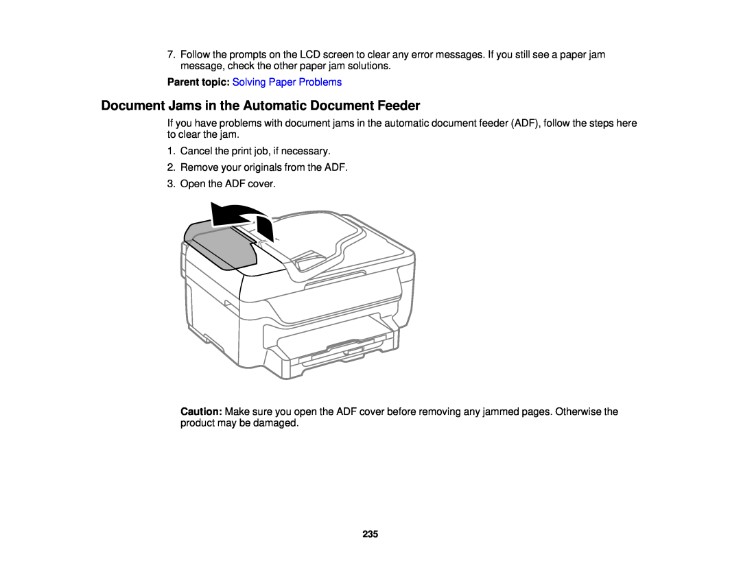 Epson WF-2650 manual Document Jams in the Automatic Document Feeder, Parent topic: Solving Paper Problems 