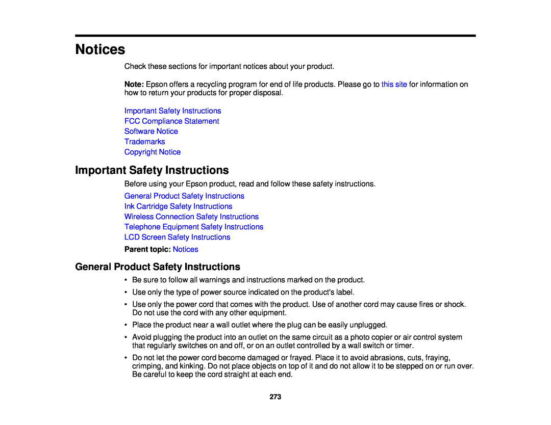 Epson WF-2650 Notices, Important Safety Instructions, General Product Safety Instructions, Trademarks Copyright Notice 