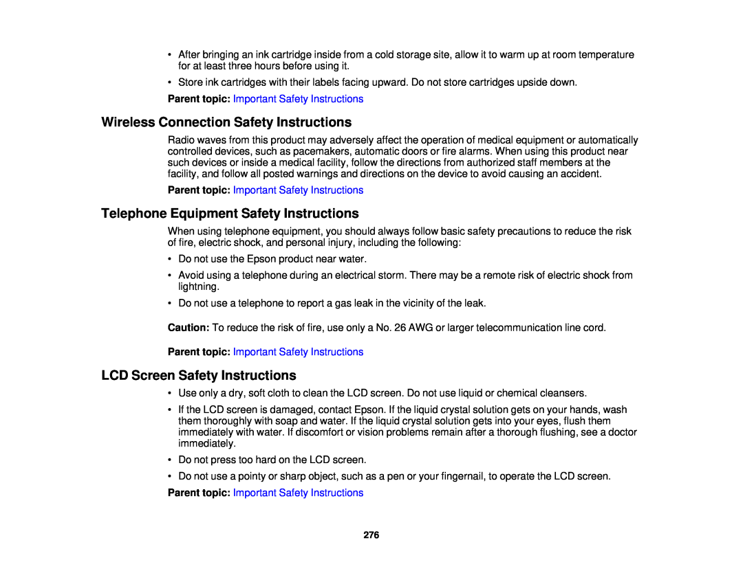 Epson WF-2650 manual Wireless Connection Safety Instructions, Telephone Equipment Safety Instructions 