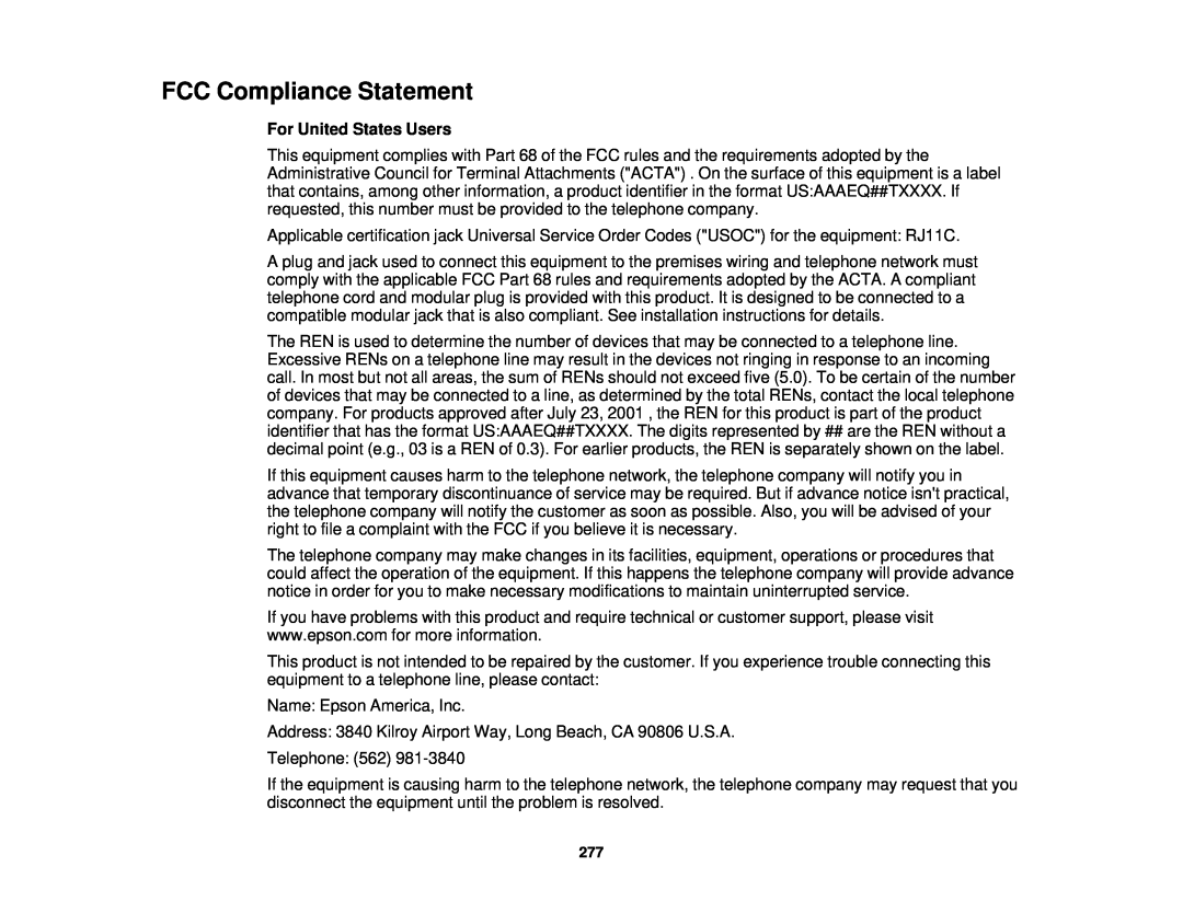 Epson WF-2650 manual FCC Compliance Statement, For United States Users 