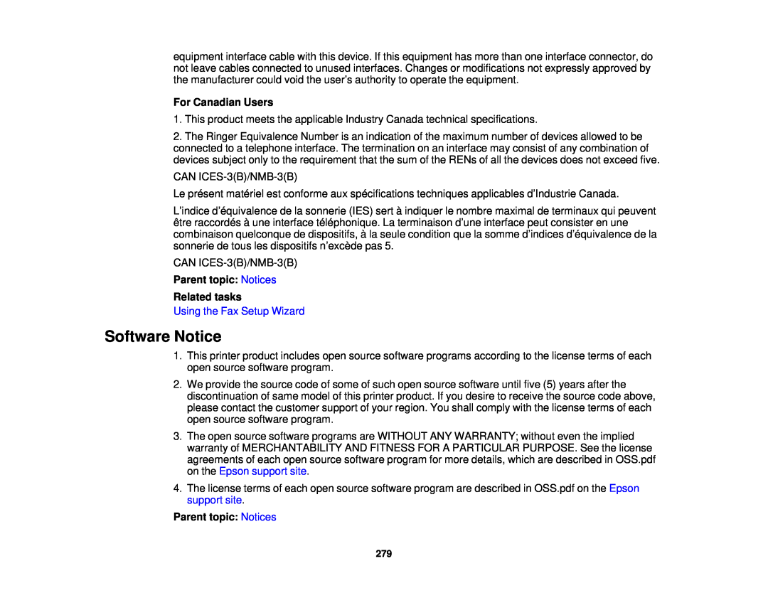Epson WF-2650 manual Software Notice, For Canadian Users, Parent topic: Notices Related tasks, Using the Fax Setup Wizard 