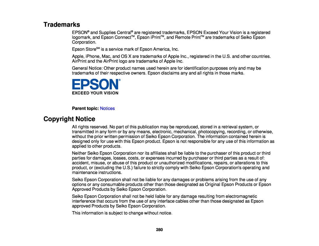 Epson WF-2650 manual Trademarks, Copyright Notice, Parent topic: Notices 