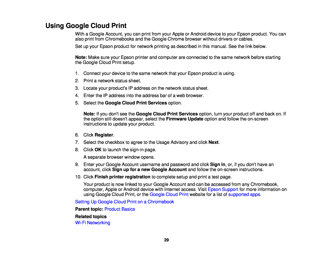 Epson WF-2650 Using Google Cloud Print, Select the Google Cloud Print Services option, Click Register, Wi-FiNetworking 