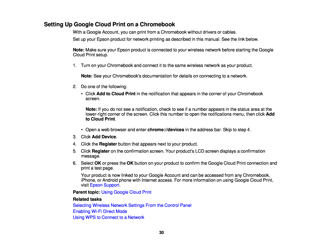 Epson WF-2650 Setting Up Google Cloud Print on a Chromebook, Click Add Device, Parent topic: Using Google Cloud Print 