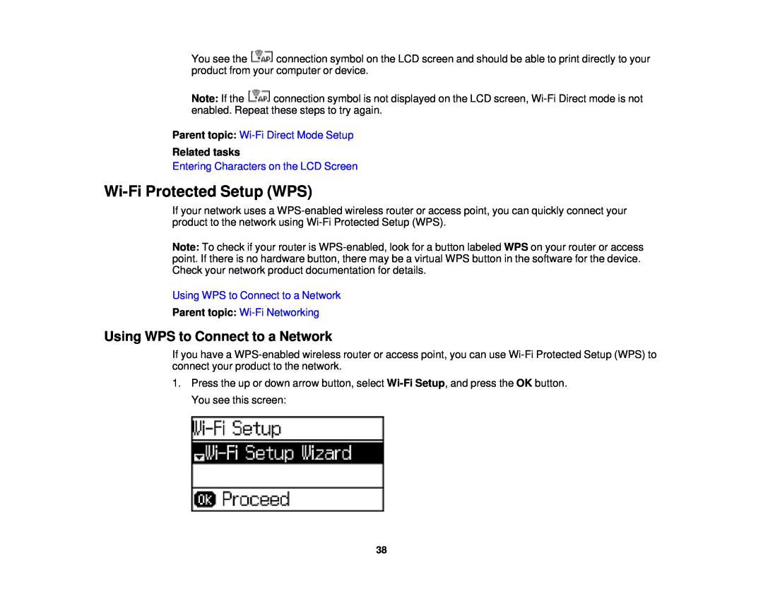 Epson WF-2650 manual Wi-FiProtected Setup WPS, Using WPS to Connect to a Network, Parent topic: Wi-FiDirect Mode Setup 