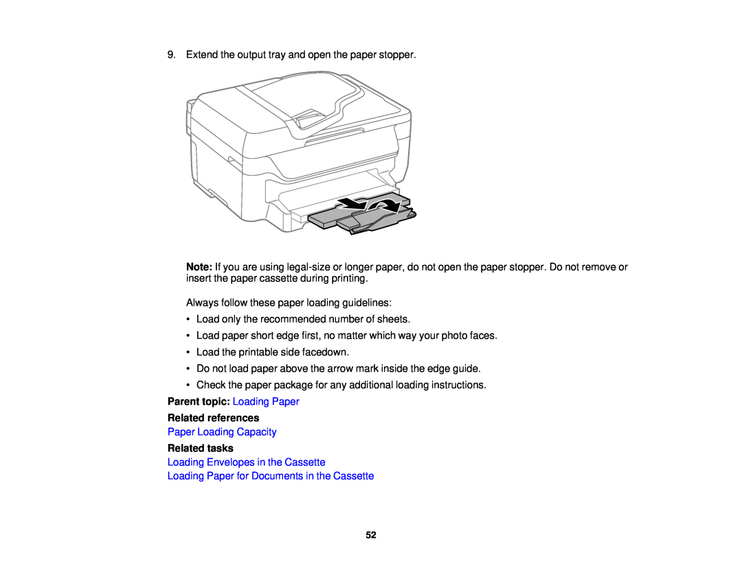 Epson WF-2650 manual Parent topic: Loading Paper Related references, Paper Loading Capacity, Related tasks 