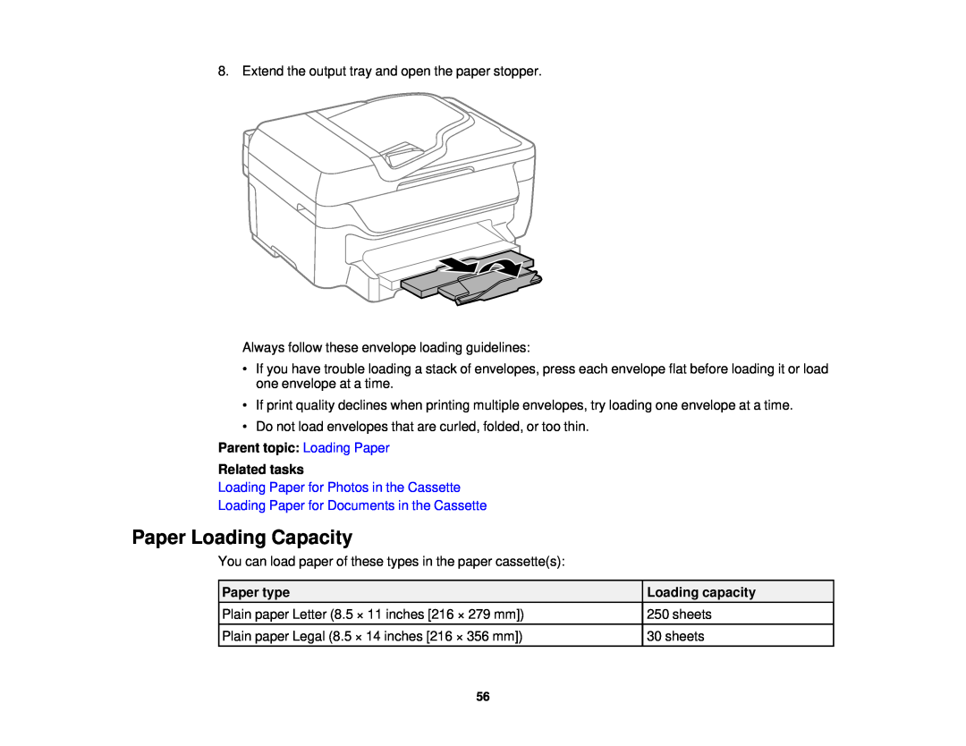 Epson WF-2650 manual Paper Loading Capacity, Parent topic: Loading Paper Related tasks, Paper type, Loading capacity 