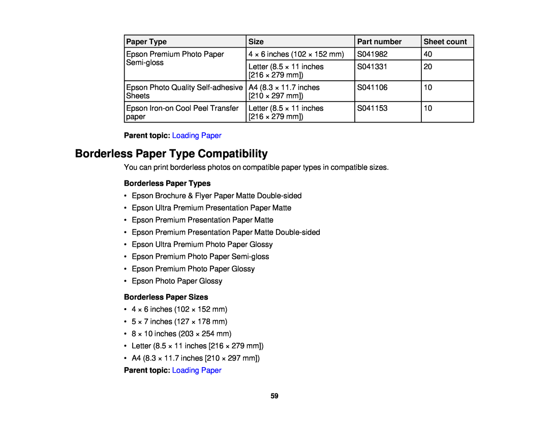 Epson WF-2650 manual Borderless Paper Type Compatibility, Borderless Paper Types, Borderless Paper Sizes, Part number 