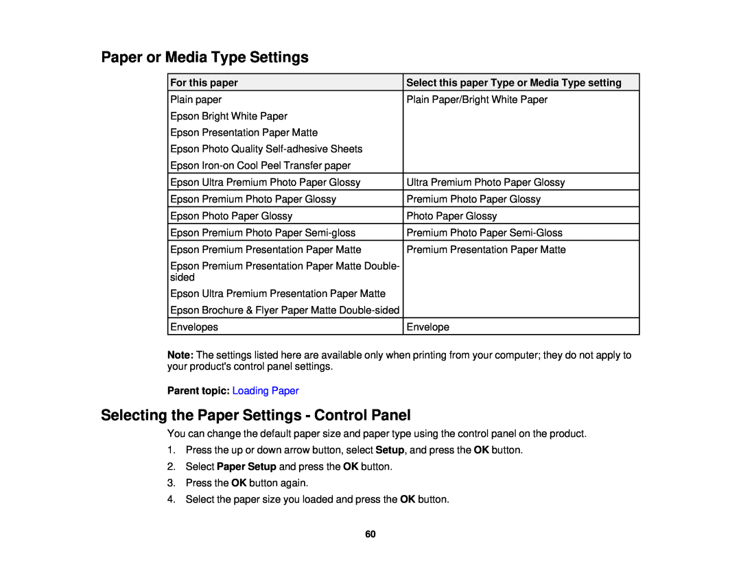 Epson WF-2650 manual Paper or Media Type Settings, Selecting the Paper Settings - Control Panel, For this paper 