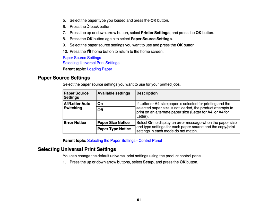 Epson WF-2650 Paper Source Settings, Selecting Universal Print Settings, Available settings, A4/Letter Auto, Switching 