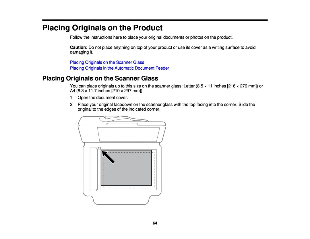 Epson WF-2650 manual Placing Originals on the Product, Placing Originals on the Scanner Glass 