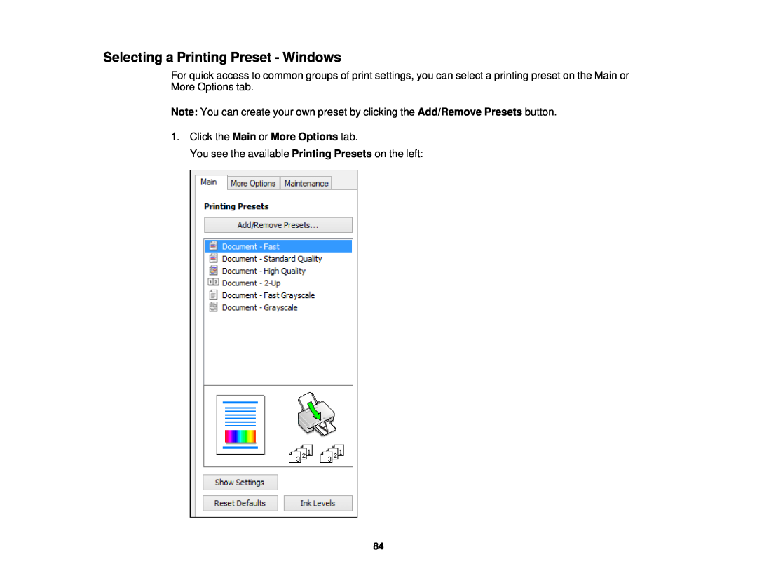 Epson WF-2650 manual Selecting a Printing Preset - Windows, Click the Main or More Options tab 