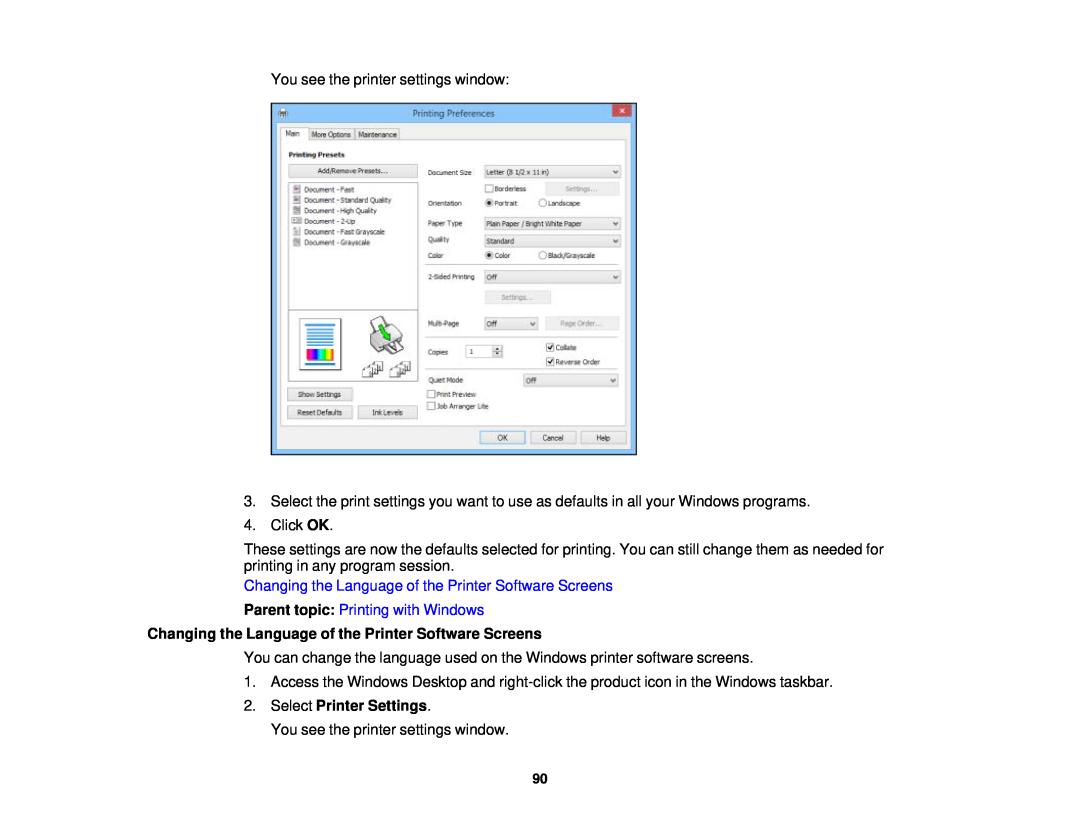 Epson WF-2650 manual Parent topic Printing with Windows, Select Printer Settings 